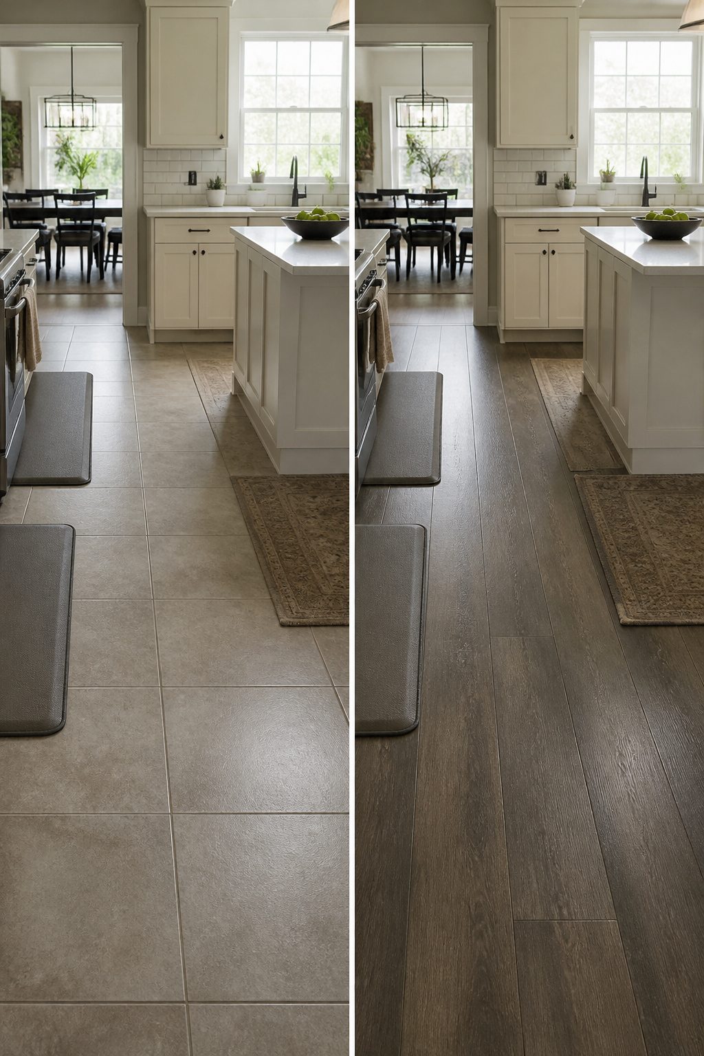 A kitchen floor featuring laminate planks with a wood-like appearance.