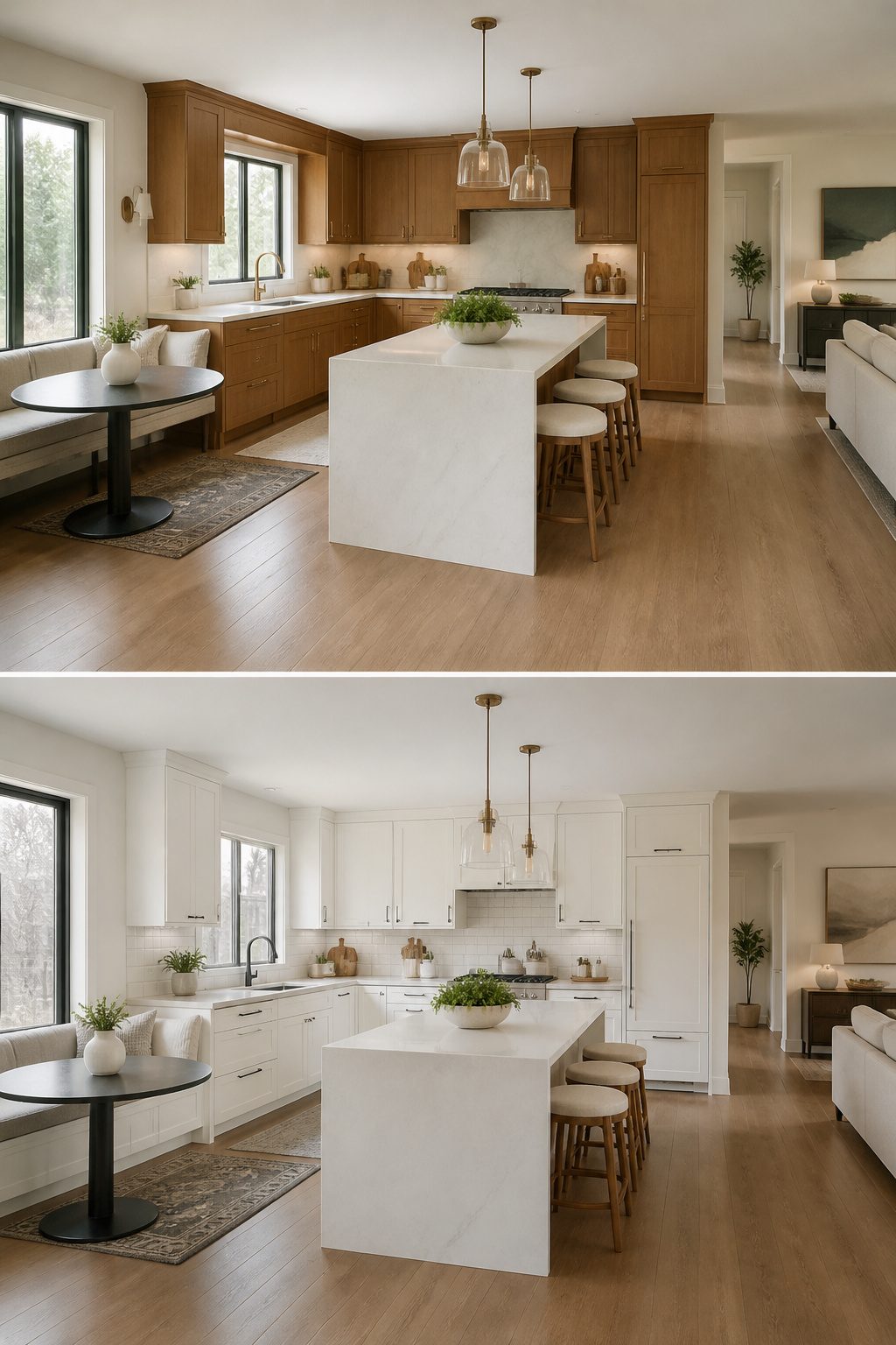 L-shaped kitchen with an island and seating area.