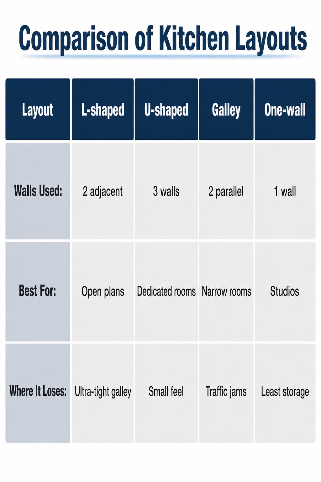Comparison chart of various kitchen layouts, including L-shaped.