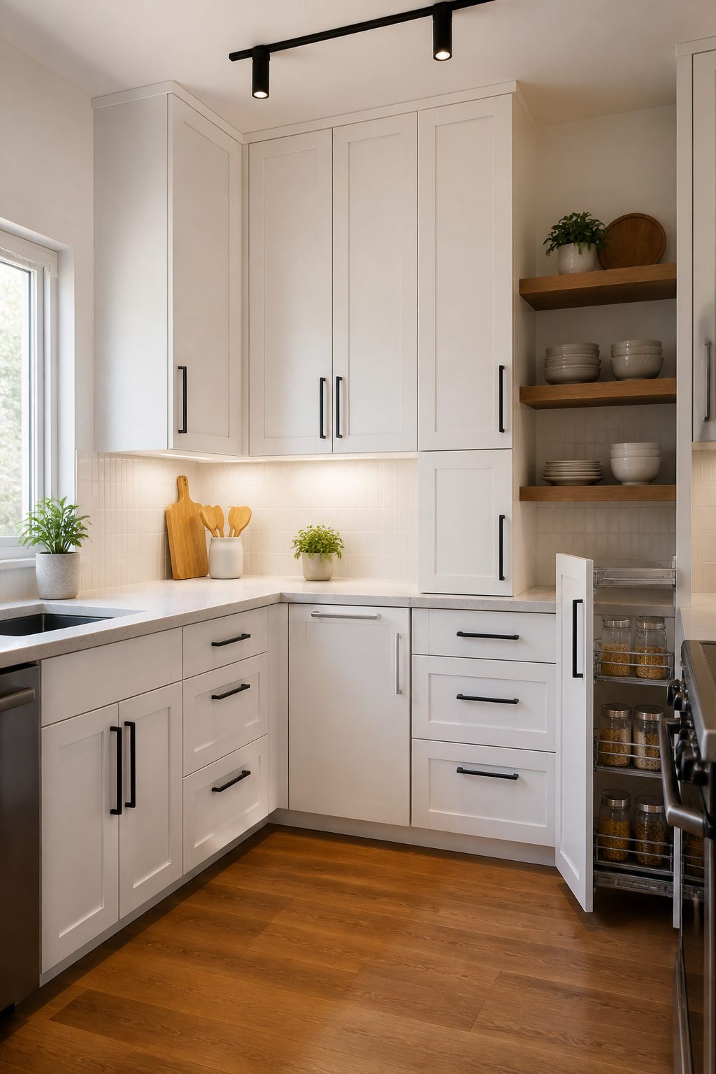L-shaped kitchen with a pull-out caddy in the corner cabinet.