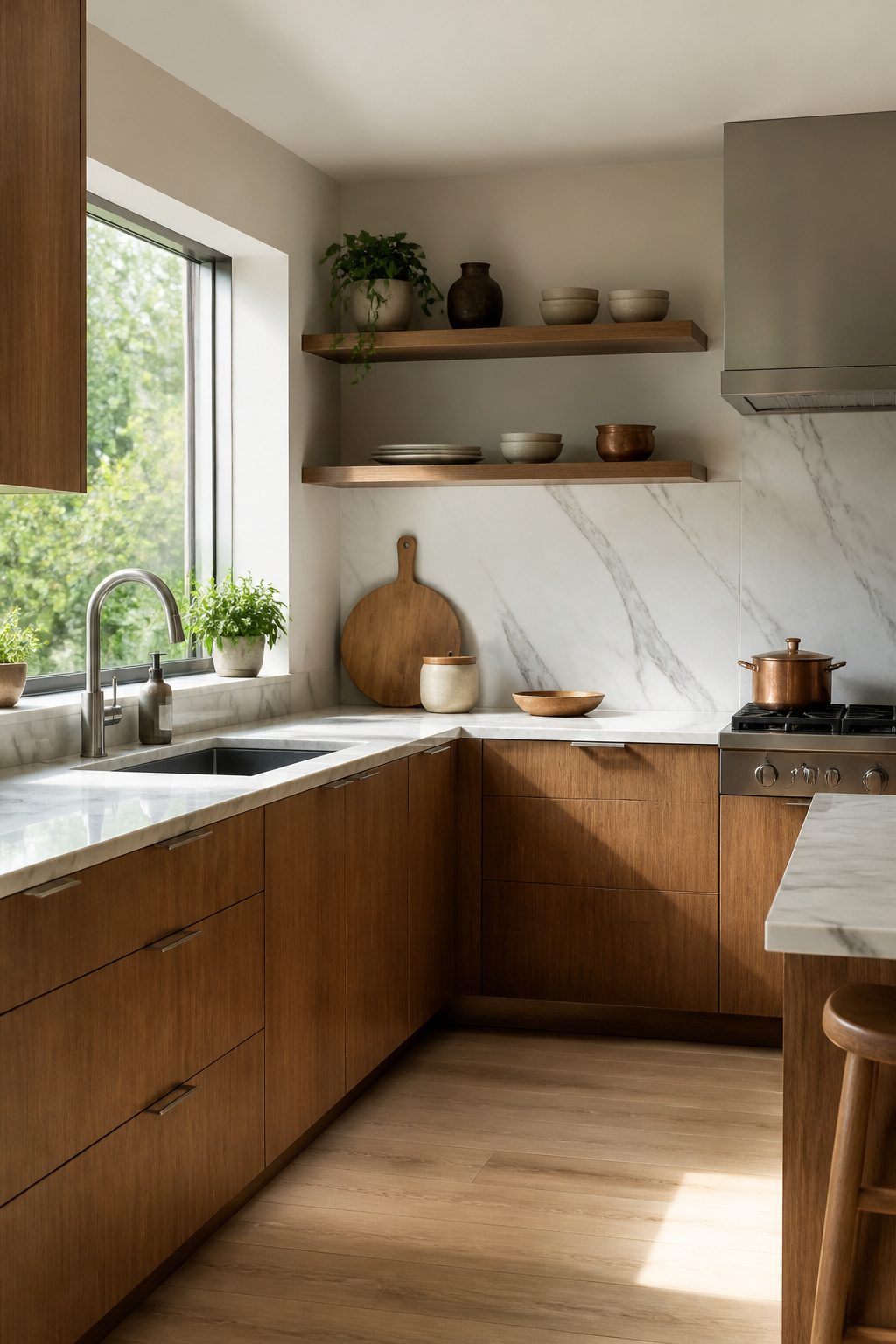 L-shaped kitchen featuring warm wood cabinets and marble countertops.