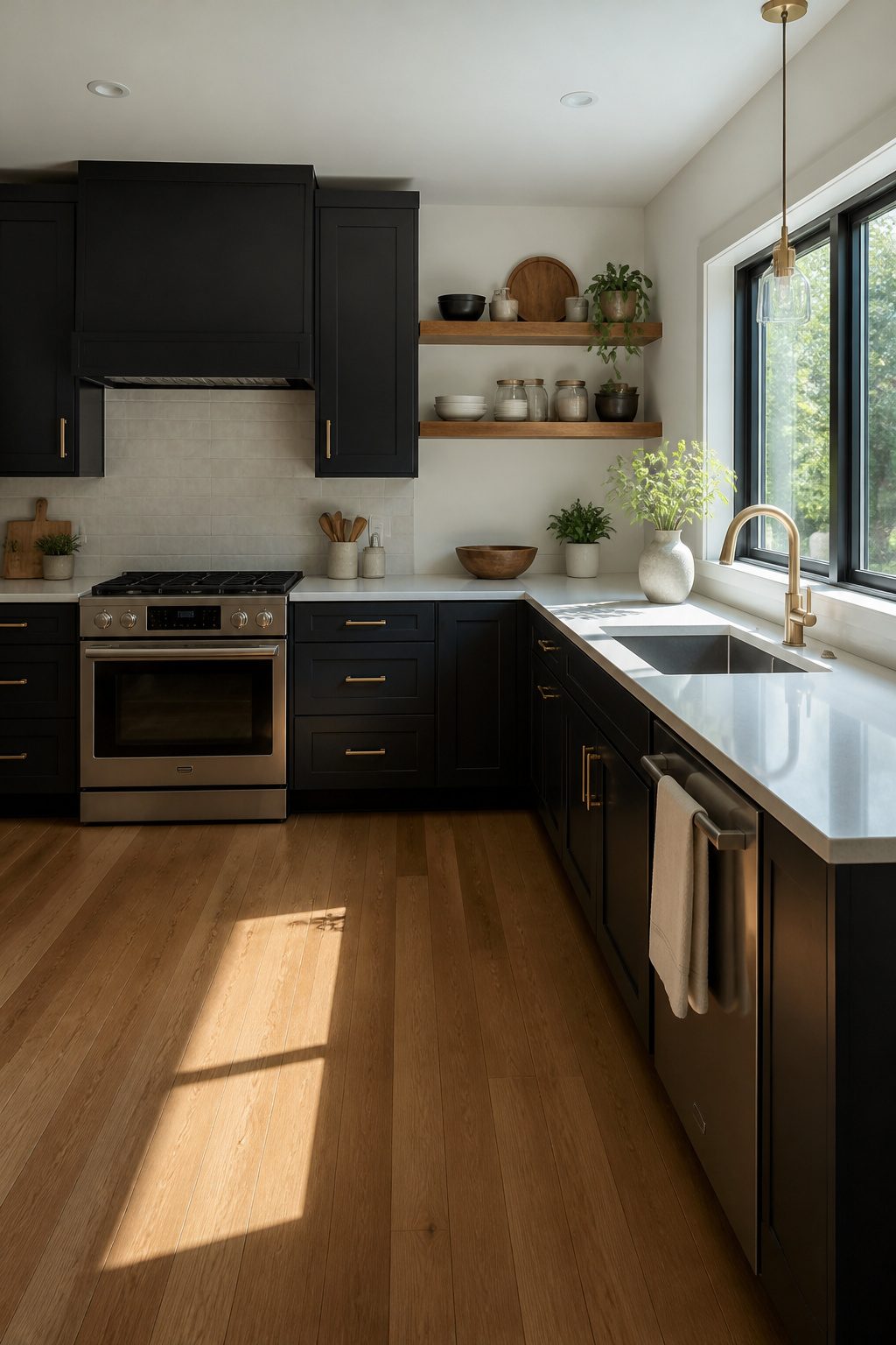 L-shaped kitchen with dark cabinets and white countertops.