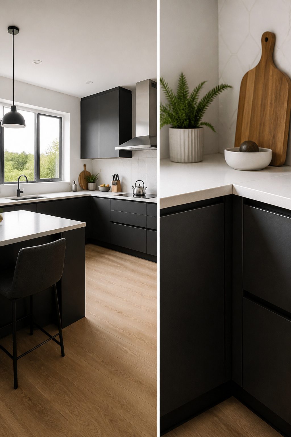 L-shaped kitchen with missing walls reducing storage options.