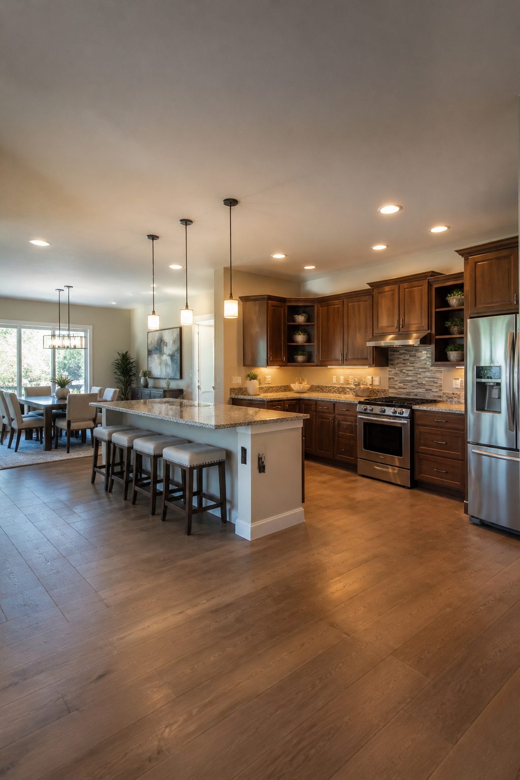 L-shaped kitchen showing the arrangement of refrigerator, sink, and stove.