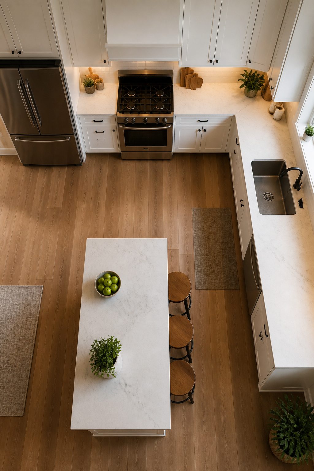 L-shaped kitchen showcasing the arrangement of sink, stove, and refrigerator.