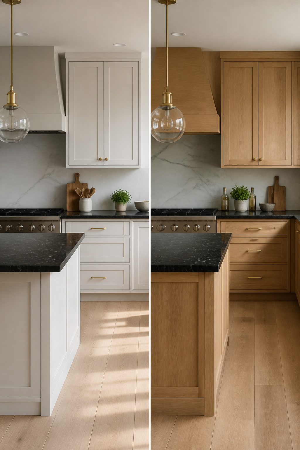 A kitchen featuring light wood cabinets with black countertops.