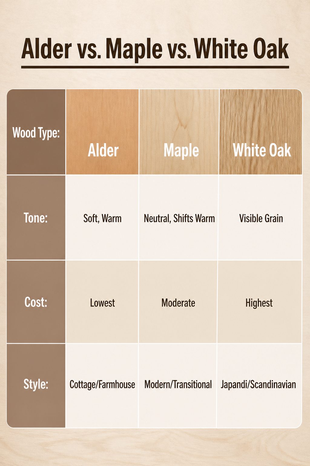 A comparison of alder, maple, and white oak cabinet samples.