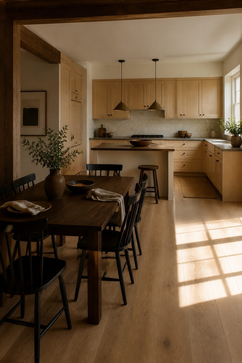 A kitchen showing light wood cabinets with a dark kitchen table.