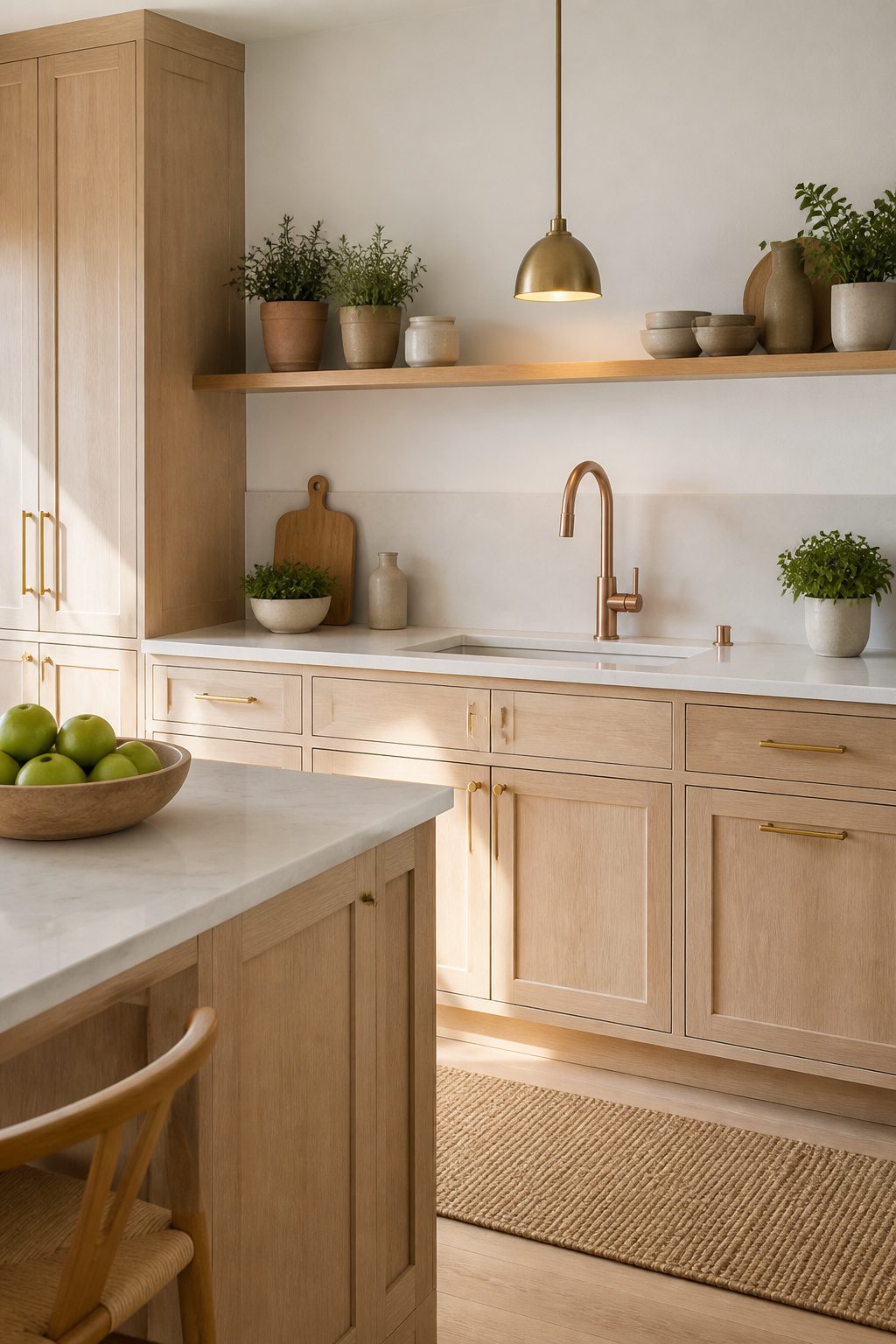 A kitchen featuring light wood cabinets with gold and copper accents.