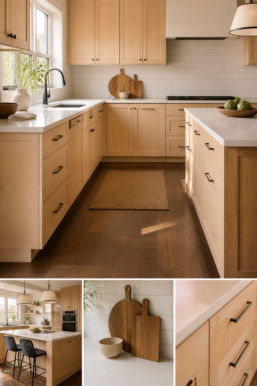 A kitchen showcasing light wood cabinets with mixed wood types.