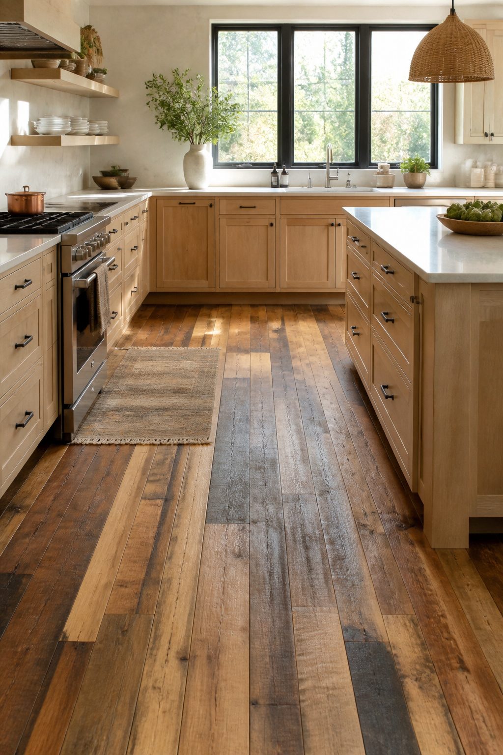 A kitchen featuring light wood cabinets with multicolored wood flooring.
