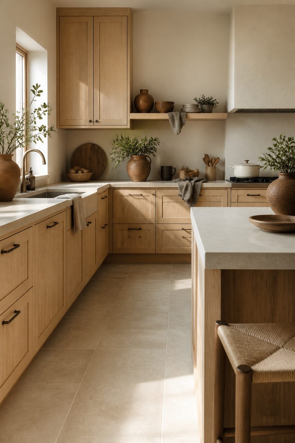 A kitchen showcasing light wood cabinets against cream walls.