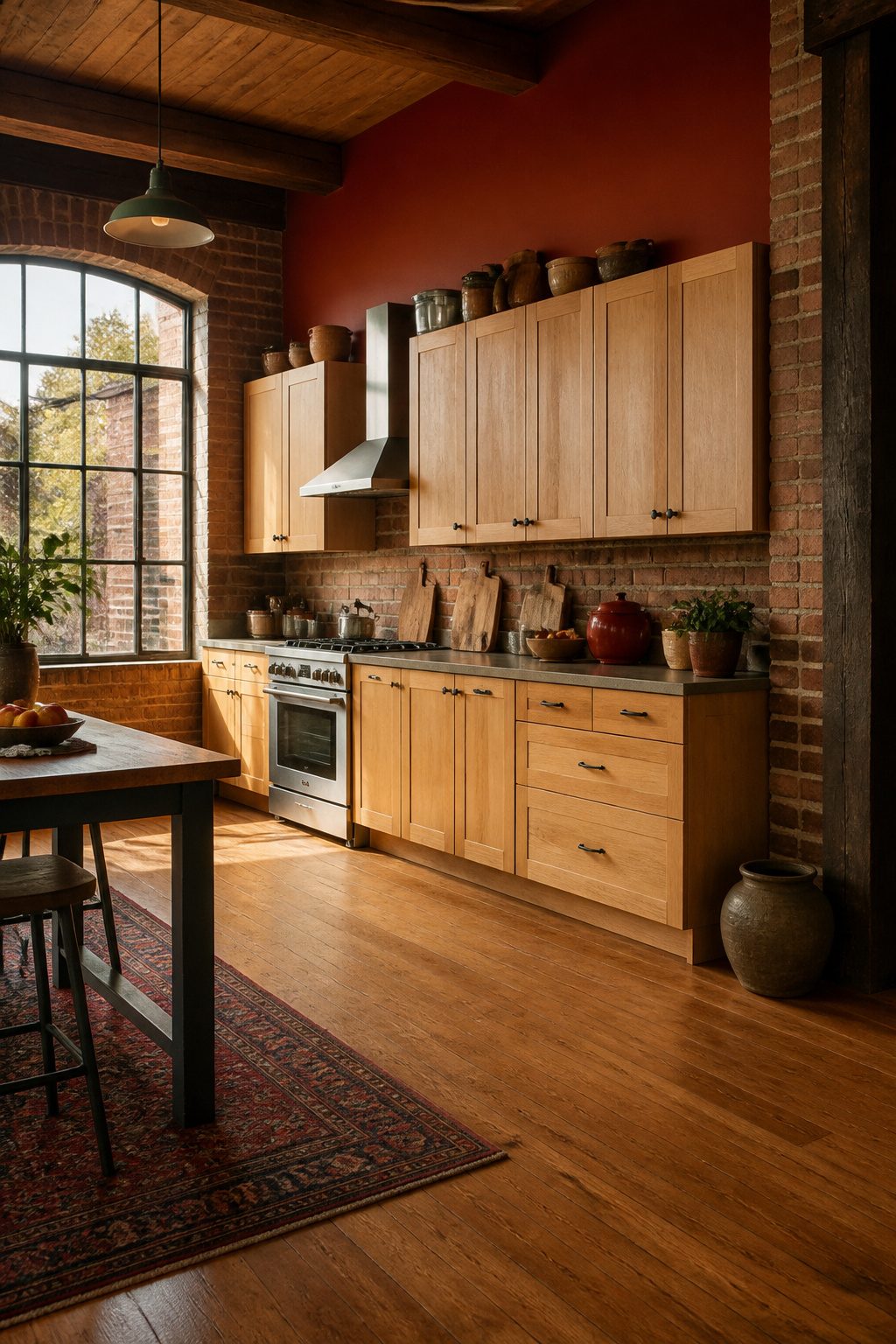 A kitchen featuring light wood cabinets with red walls and brick accents.