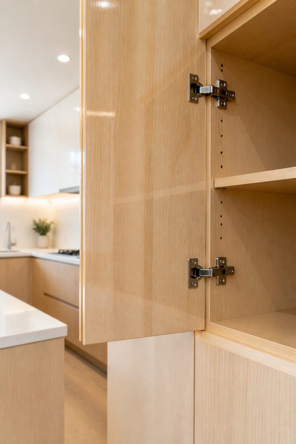 A close-up of a light wood cabinet with soft-close hinges.
