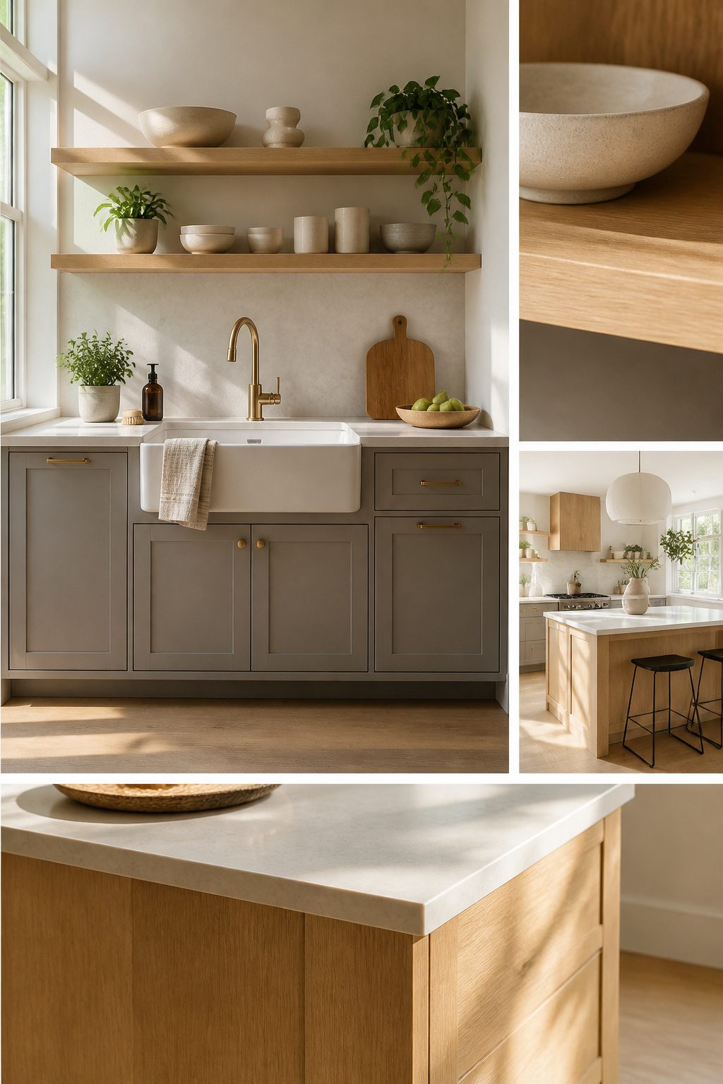A kitchen showing light wood accents used in open shelving and an island.