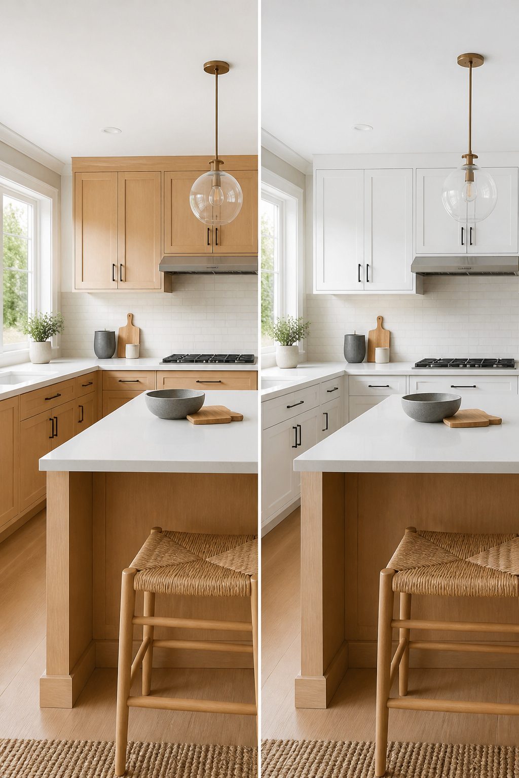 A kitchen showing light wood cabinets with white countertops.