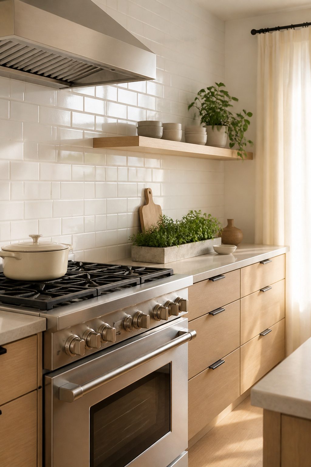 A kitchen showing light wood cabinets with a white subway tile backsplash.