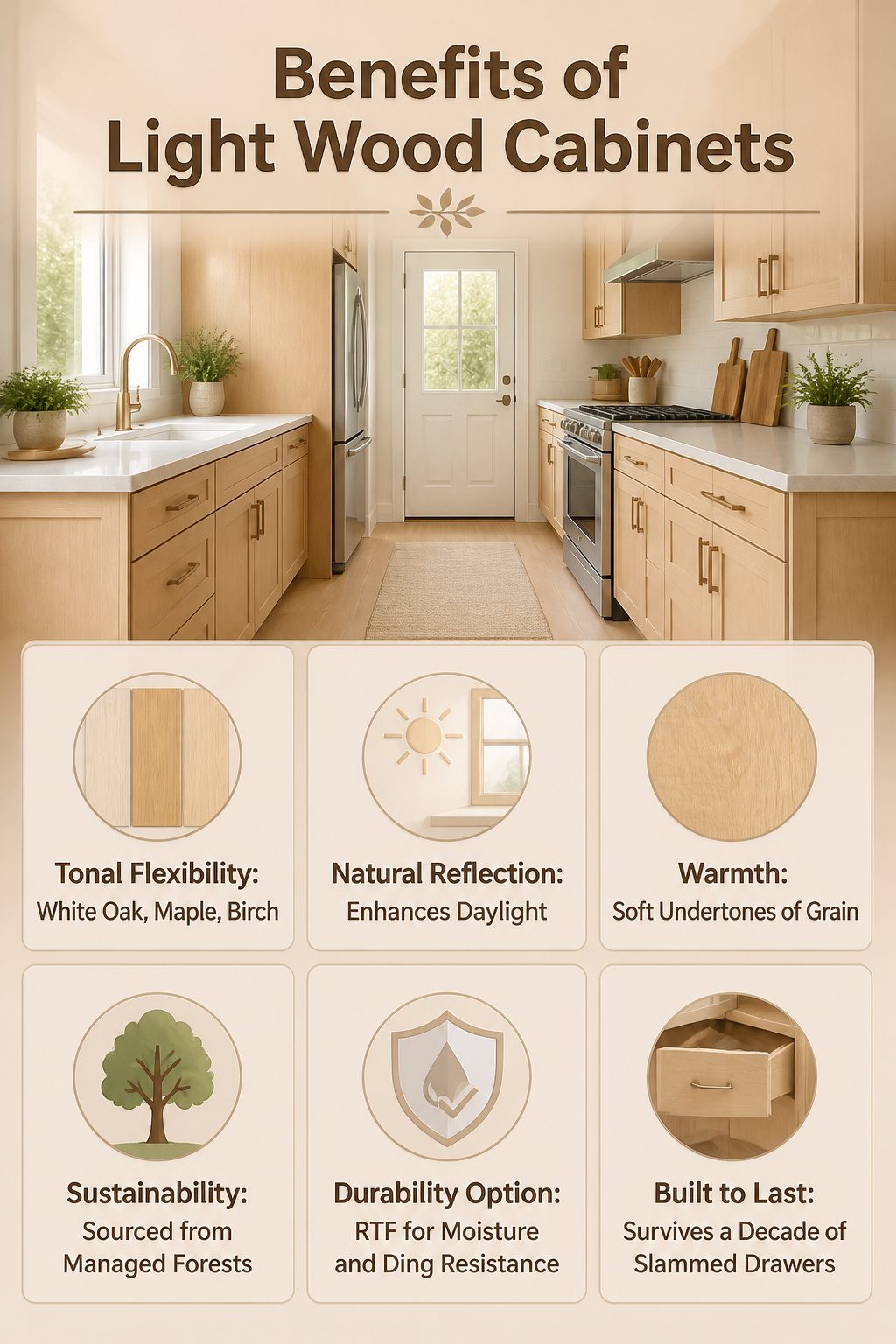 A close-up of light wood cabinets highlighting their grain and finish.