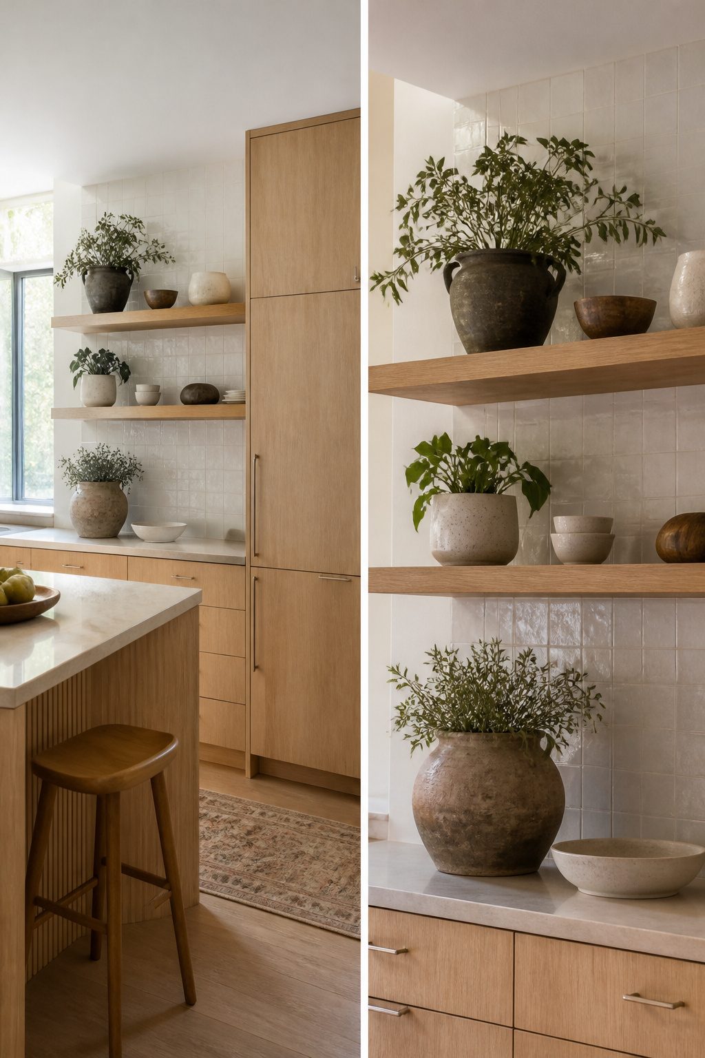 A kitchen featuring light wood cabinets with open shelving.