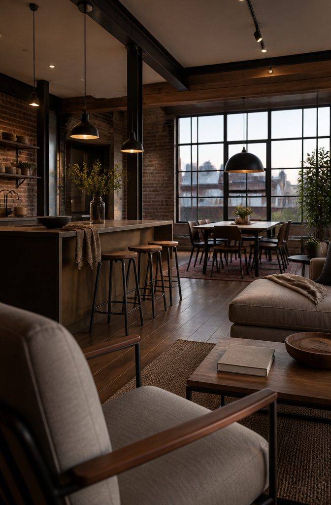 Open room with dining table and pendant island stools sofas and armchairs