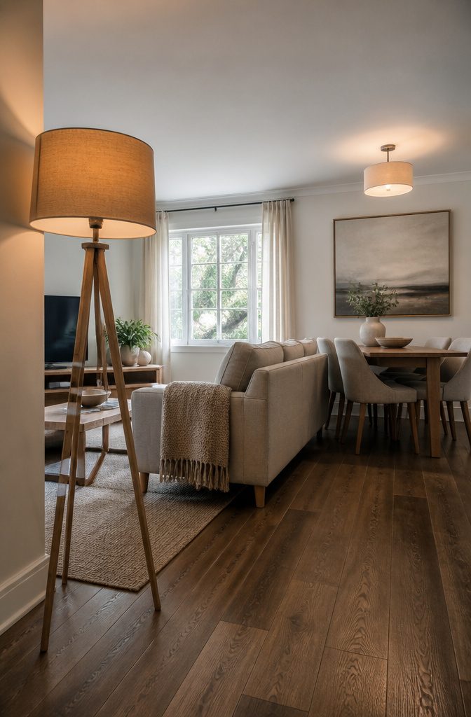 Sofa positioned back-to-back with dining chairs in a combined living dining room