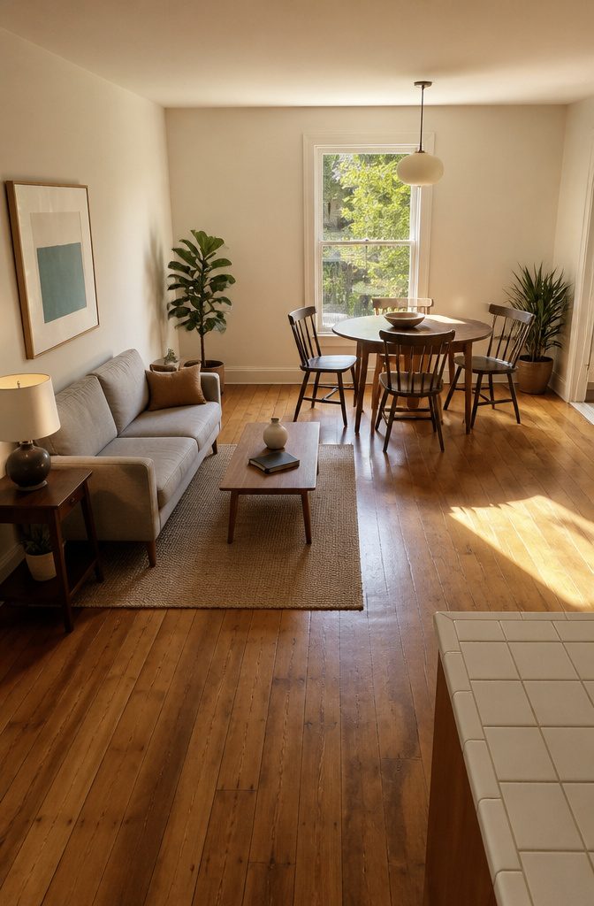 Compact three-seat sofa beside a round dining table with clear space between