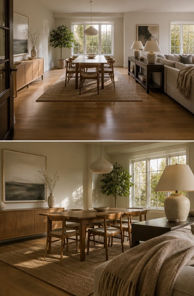 Dining table on a rug beside a living room sofa and console table