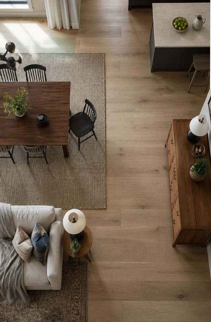 Dining table with chairs beside an open path through the living dining room