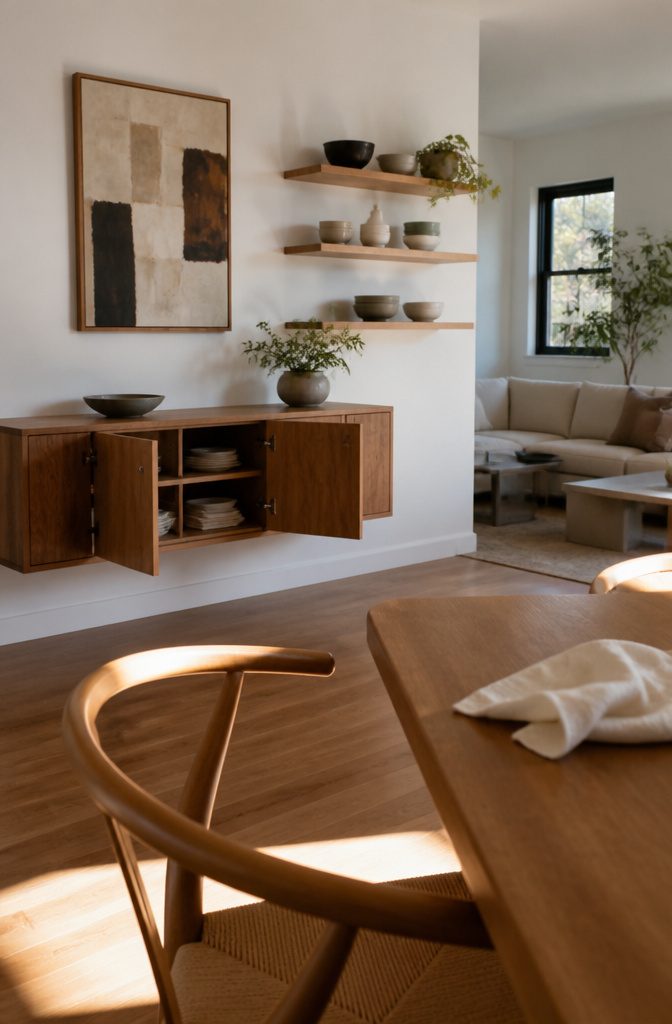 Wall-mounted credenza with dishes and floating shelves above beside a dining table