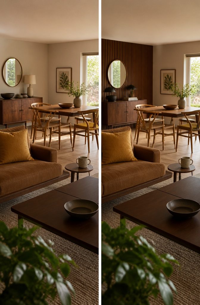 Warm-toned sofa beside a dining table with lighter wood chairs