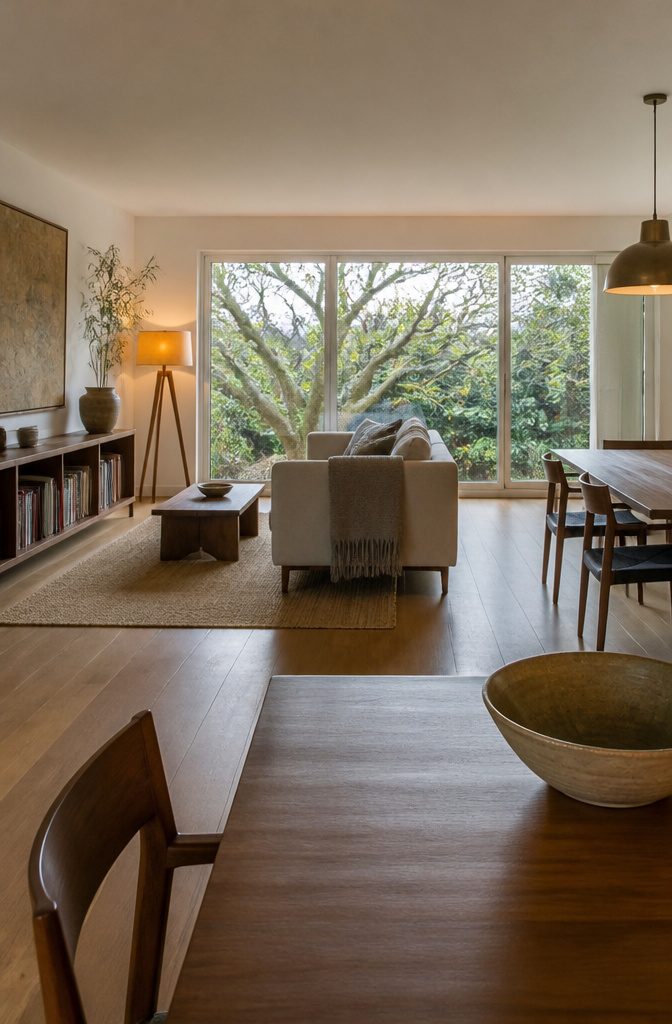 Living room sofa facing a focal point with a dining table nearby