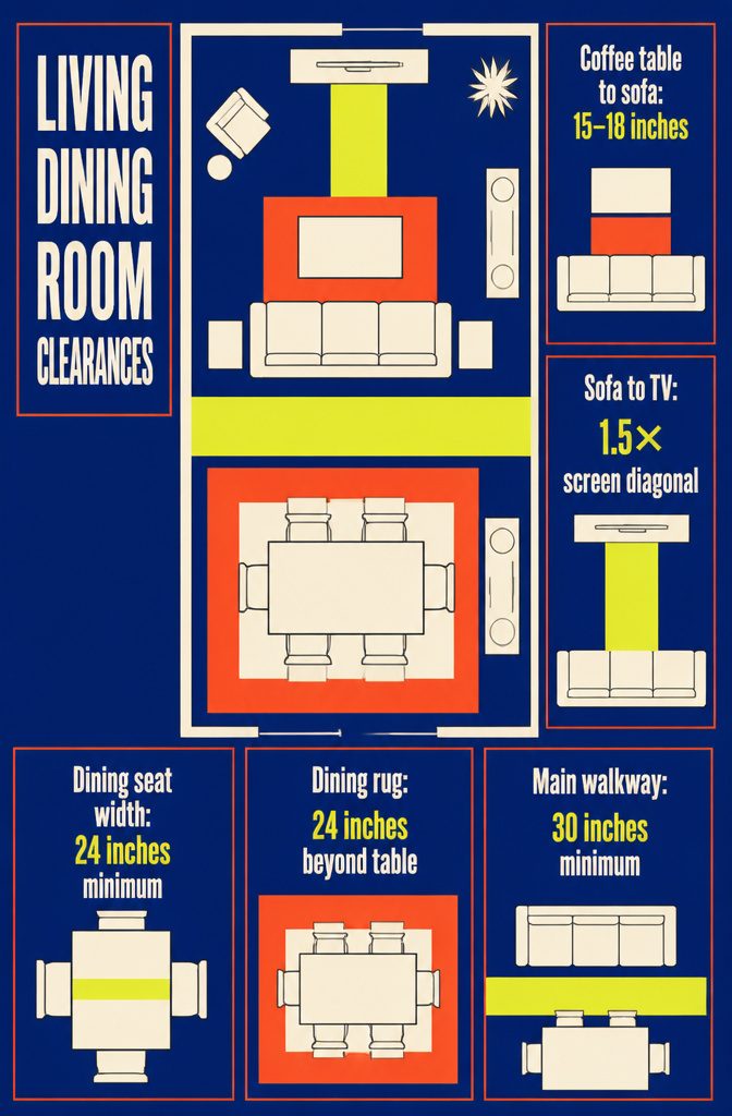 Living dining room clearance guide with furniture diagrams and measurement labels