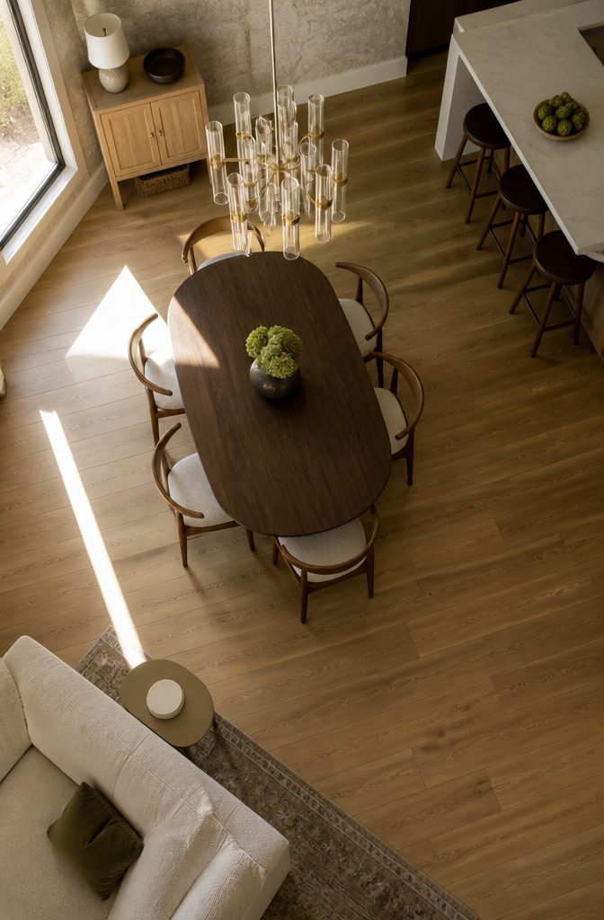 Dining table centered in the room with a narrow cabinet near the window
