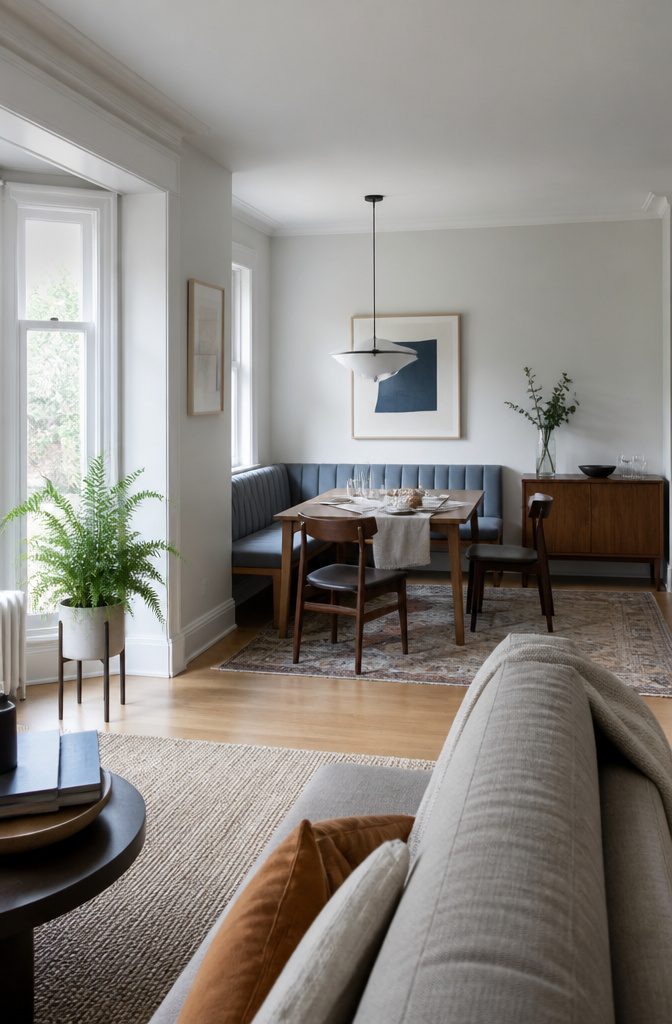 L-shaped banquette and dining table tucked into a room corner