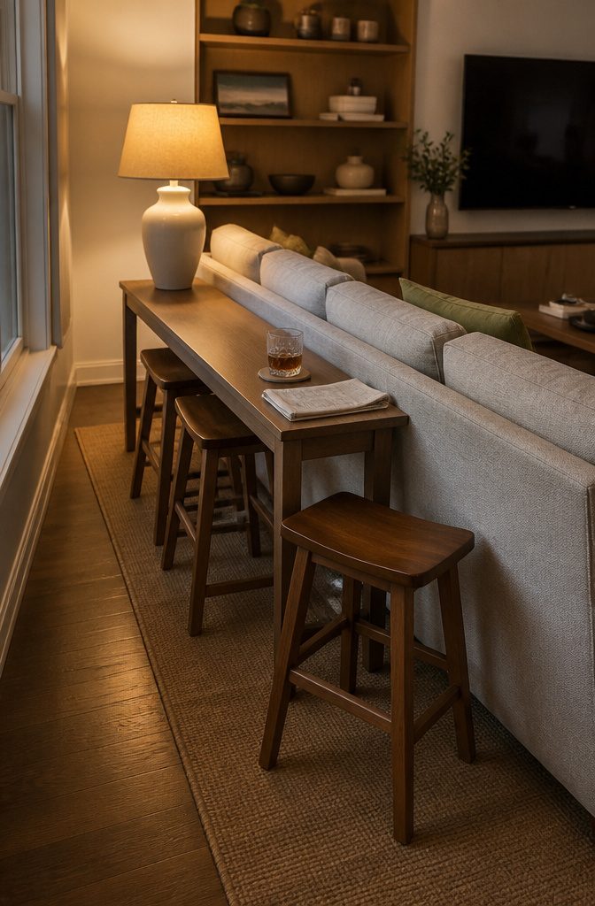 Console table behind a sofa with stools tucked underneath