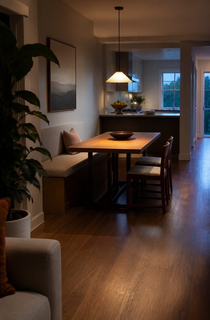 Straight wall banquette beside a dining table with two chairs opposite