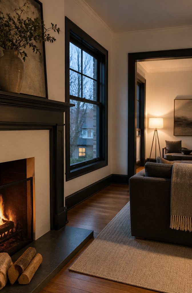 Near-black window frames and door trim against white walls with charcoal upholstery