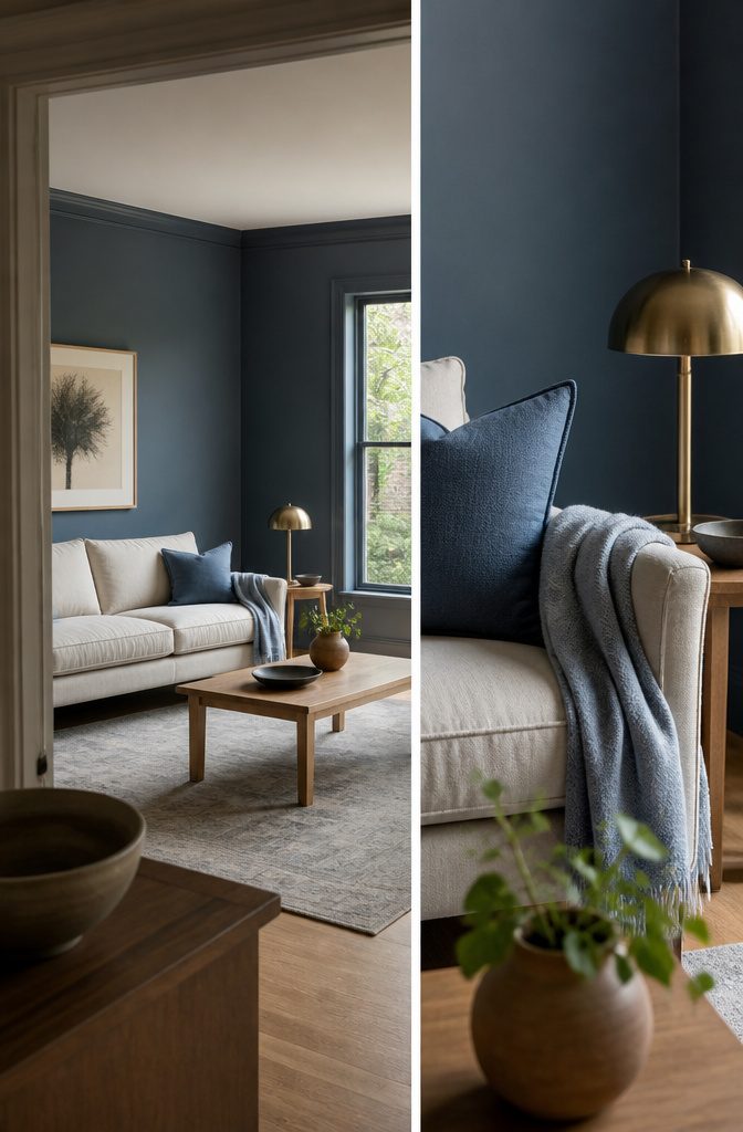 Blue living room walls with furniture and natural light