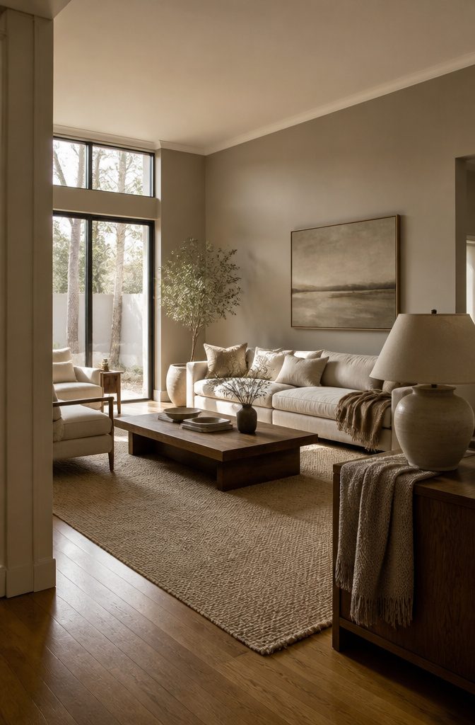 Brown living room walls with warm wood furnishings and natural light