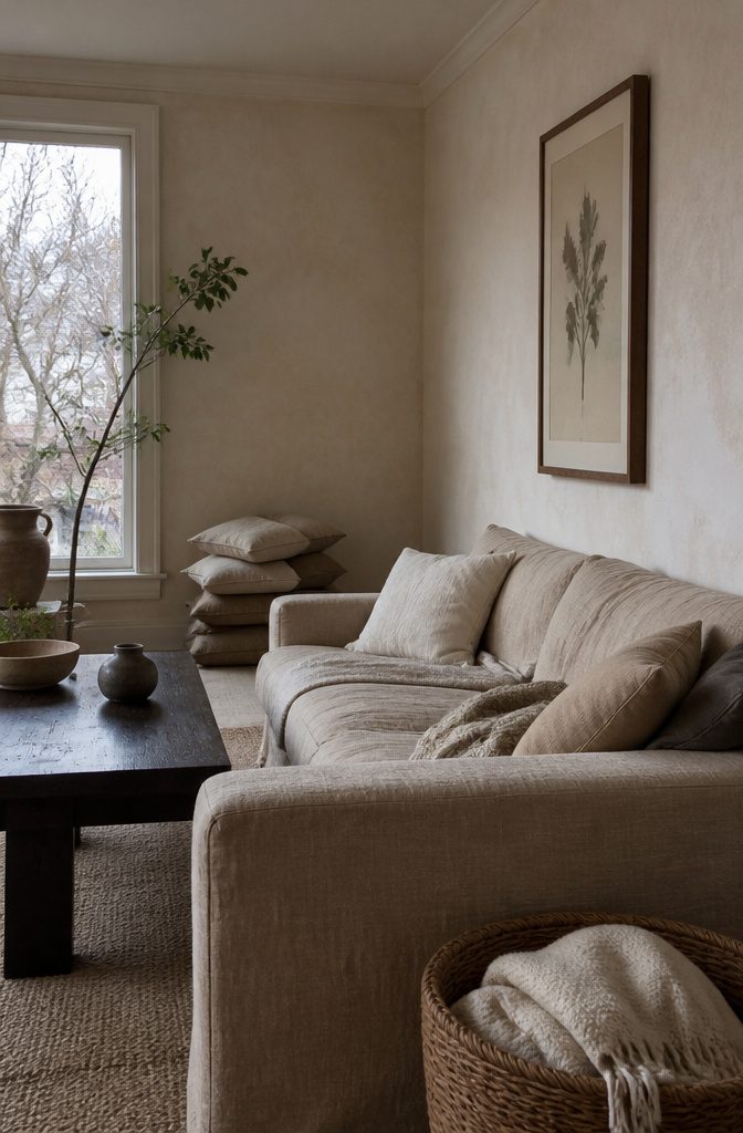 Cream marbled plaster walls, beige sofa, dark wood table, and botanical art