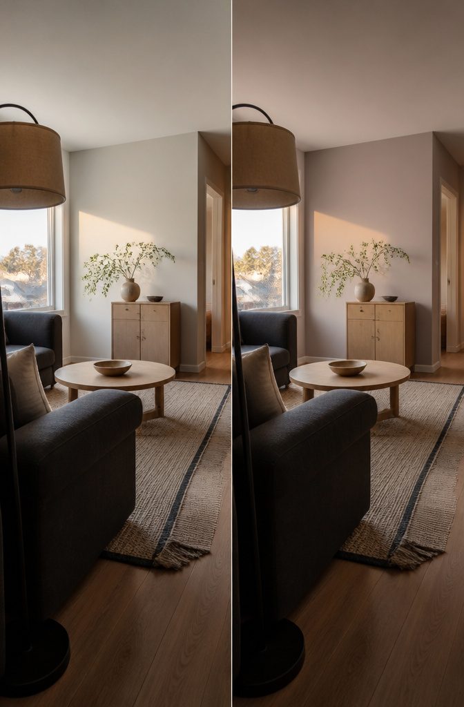 Gray living room walls behind charcoal upholstery and neutral furnishings