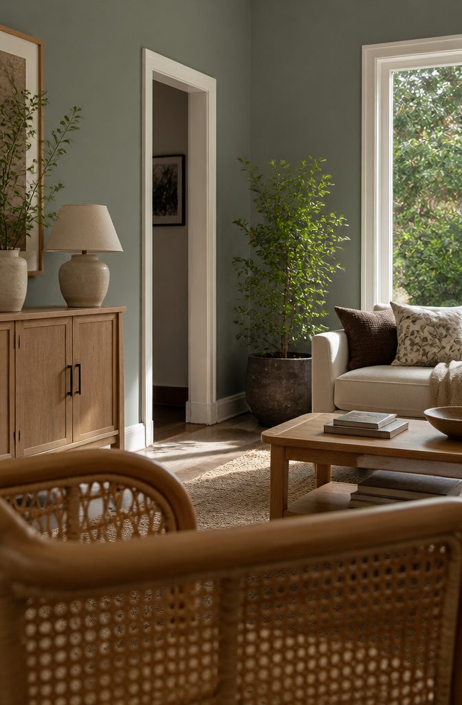 Green living room walls with oak furniture, cane, and brass details