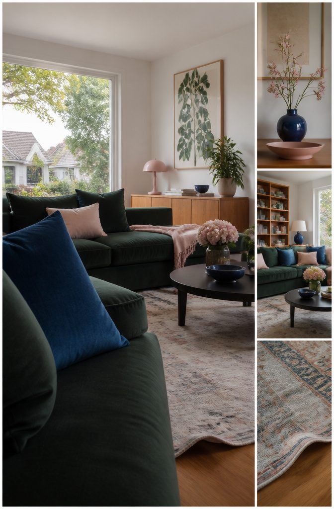 Living room with jewel-tone walls, warm neutral furnishings, and dark accents