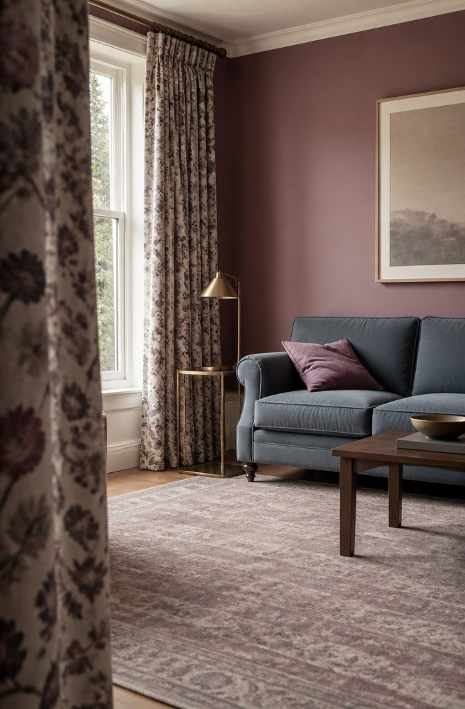 Blush pink living room walls with brass fixtures and neutral furnishings