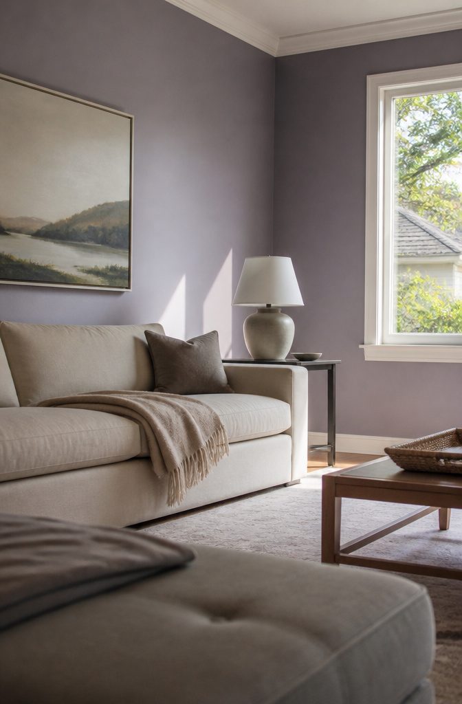 Dusty lavender accent wall with white trim, silver hardware, and neutral sofa