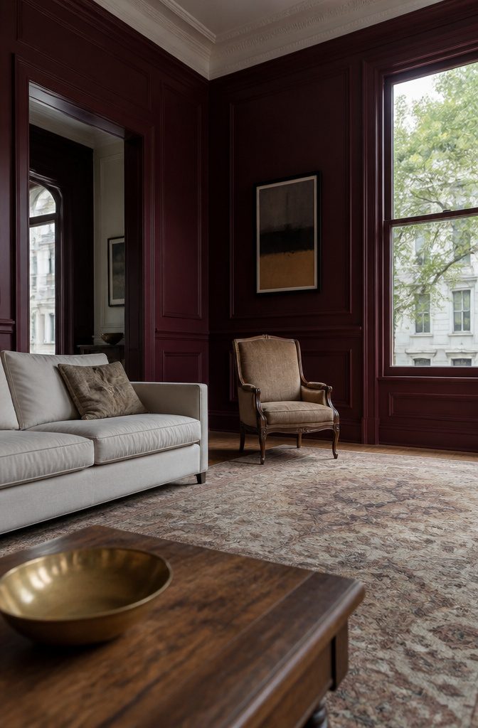 Burgundy living room walls with traditional furniture and natural light