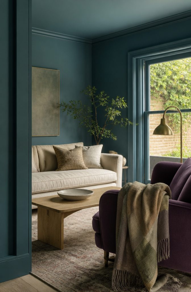 Teal living room walls with contrasting furniture and green accents