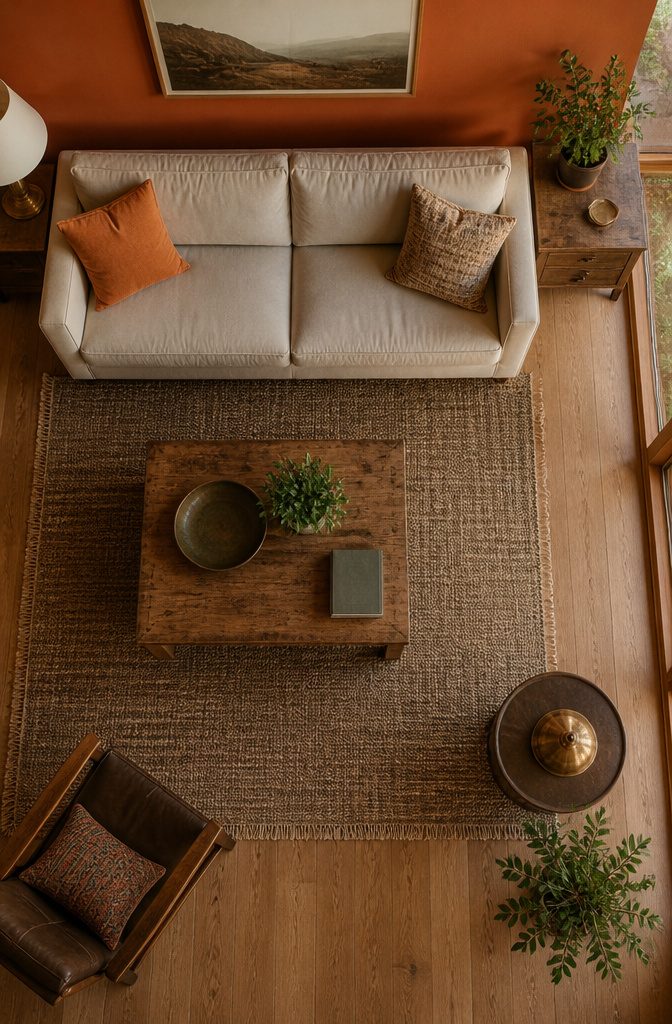 Terracotta living room wall with white trim and natural wood furniture