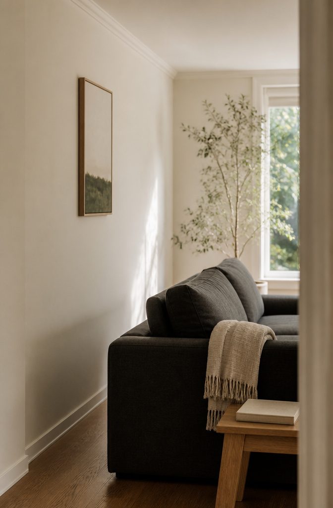 White living room walls behind bold furniture in a bright interior