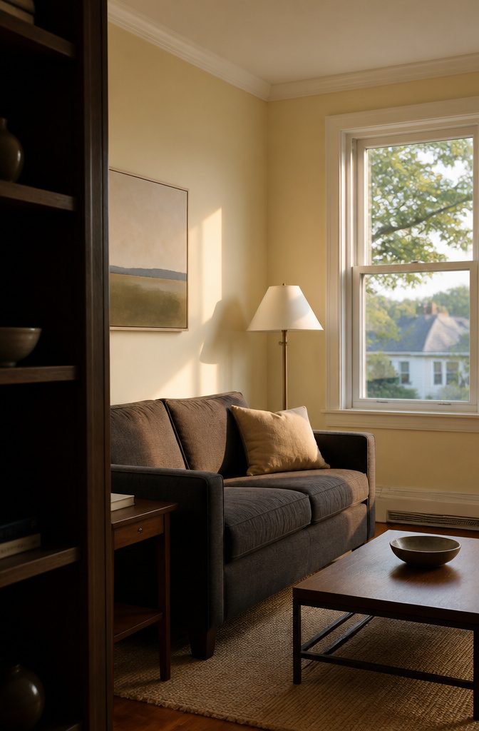 Warm yellow living room walls with white trim and dark furniture